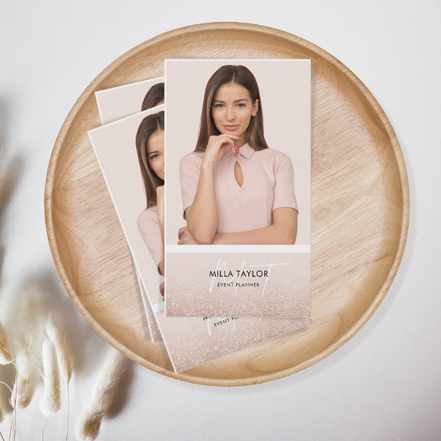 Modern Glitter Blush Pink Monogram Add Your Photo Business Card (Creator Uploaded)