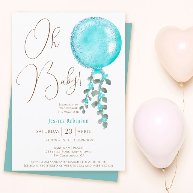 Modern glitter boy blue balloon Oh baby shower Invitation (Creator Uploaded)