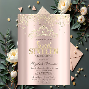 Modern Glitter Confetti,Crown Rose Gold  Sweet 16 Invitation
