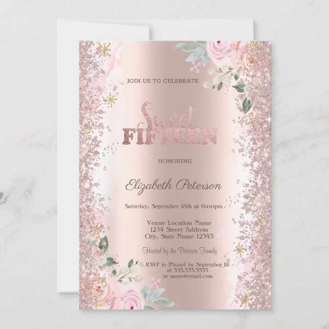 Modern Glitter Confetti Rose Gold Roses 15th Invitation (Front)