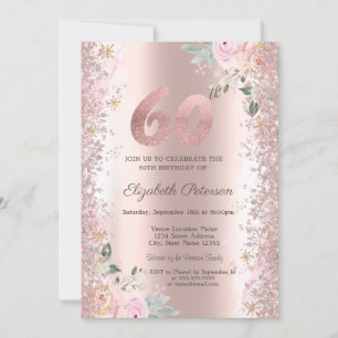 Modern Glitter Confetti Rose Gold Roses 60th  Invitation