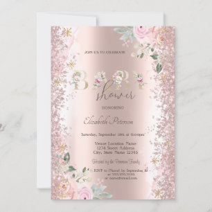 Modern Glitter Confetti Rose Gold Roses Baby Showe Invitation
