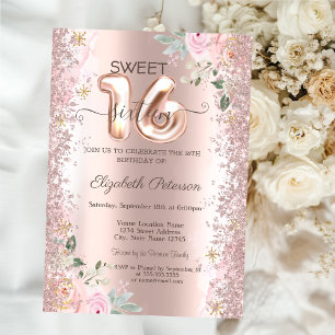 Modern Glitter Confetti Rose Gold Roses Sweet 16 Invitation