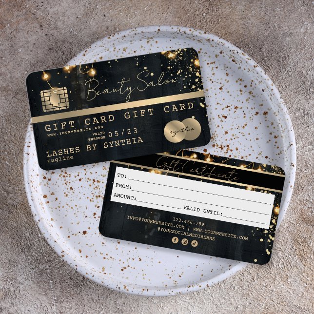 Modern Glitter Credit Card Gift Card Certificate  (black and gold credit card gift voucher)