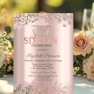 Modern Glitter Diamonds Rose Gold Sweet 16 Invitation