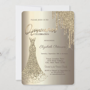 Modern Glitter Drips Champagne Dress Quinceañera  Invitation