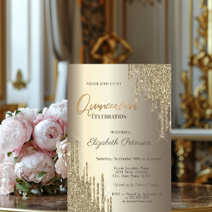 Modern Glitter Drips Champagne Gold Quinceañera Invitation