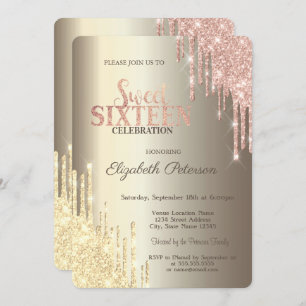 Modern Glitter Drips Champagne Gold Sweet 16 Invitation