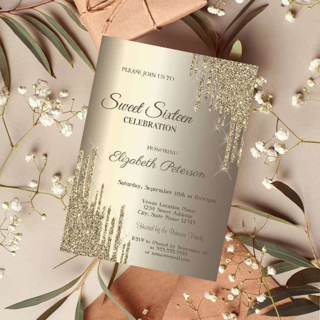 Modern Glitter Drips Champagne Gold  Sweet 16 Invitation (Creator Uploaded)