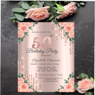 Modern Glitter Drips Floral Rose Gold 50th Invitation