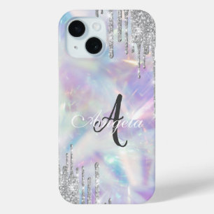 Modern Glitter Drips Holographic,Monogram  iPhone 15 Case