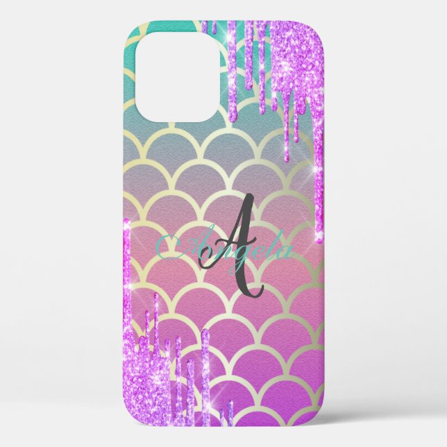 Modern Glitter DripS Mermaid Scale ,Monogram Case-Mate iPhone Case (Back)