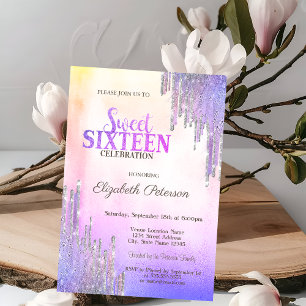 Modern Glitter Drips Ombre Metallic Sweet 16  Invitation