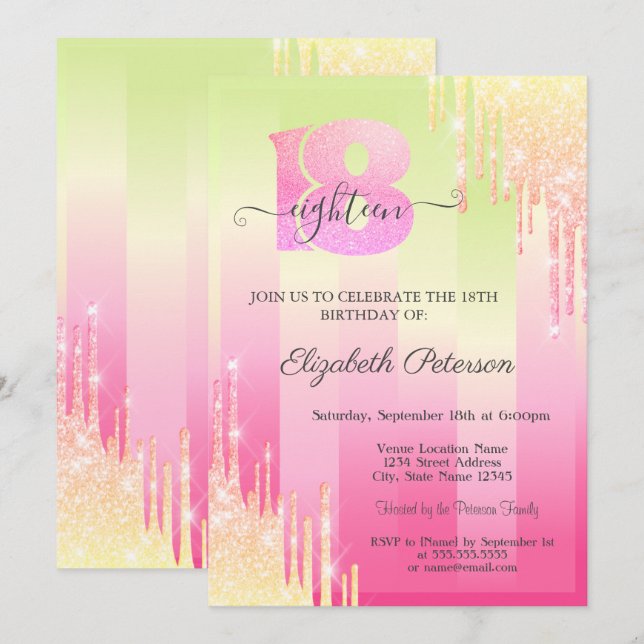 Modern Glitter Drips Ombre Stripes 18th Birthday  Invitation (Front/Back)