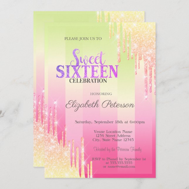 Modern Glitter Drips Ombre Stripes Sweet 16 Invitation (Front/Back)