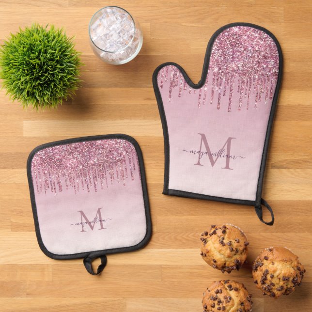 Modern Glitter Drips Personalised Monogram Name  Oven Mitt & Pot Holder Set (Top Down)