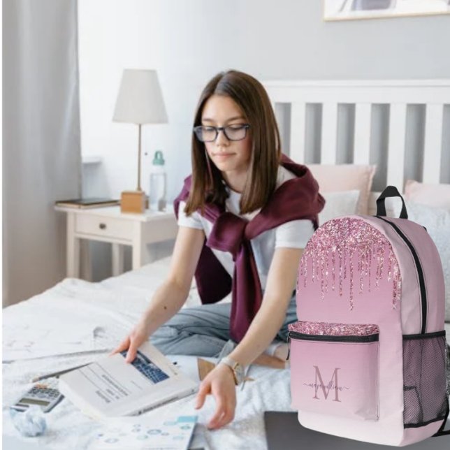 Modern Glitter Drips Personalised Monogram Name  Printed Backpack (Creator Uploaded)