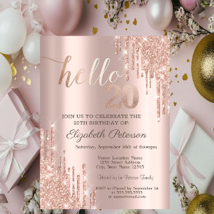 Modern Glitter Drips Rose Gold 20th Birthday  Invitation