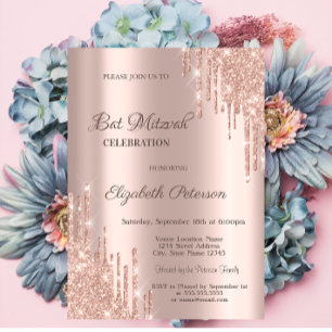 Modern Glitter Drips Rose Gold Bar Mitzvah Invitation
