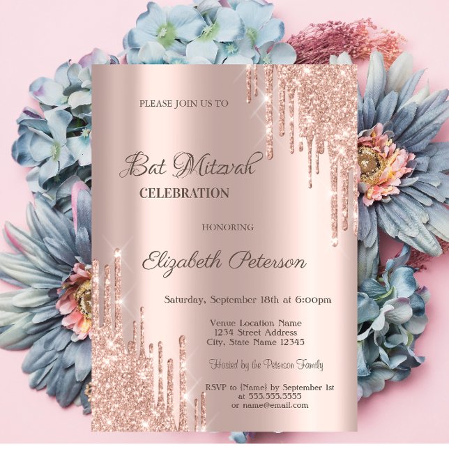 Modern Glitter Drips Rose Gold Bar Mitzvah Invitation (Creator Uploaded)