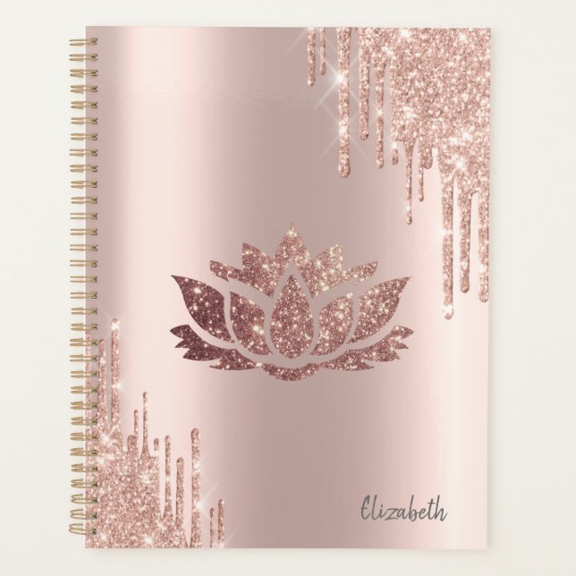 Modern Glitter Drips Rose Gold Lotus Planner (Front)