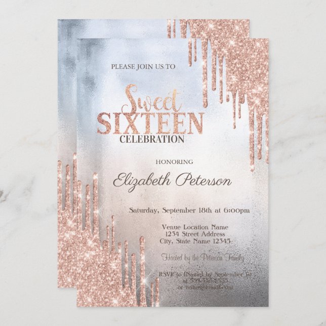 Modern Glitter Drips Rose Gold Metallic Sweet 16 Invitation (Front/Back)
