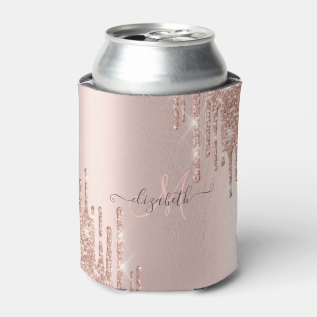 Modern Glitter Drips Rose Gold Monogram   Can Cooler (Can Front)