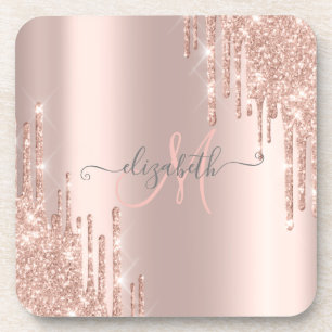 Modern Glitter Drips Rose Gold Monogram  Coaster