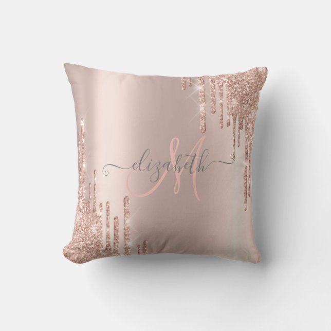 Modern Glitter Drips Rose Gold Monogram  Cushion (Front)
