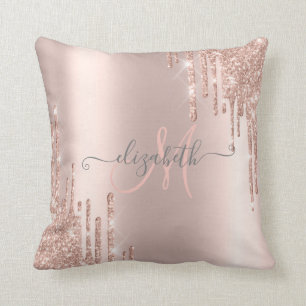 Modern Glitter Drips Rose Gold Monogram  Cushion