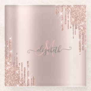 Modern Glitter Drips Rose Gold Monogram   Glass Coaster