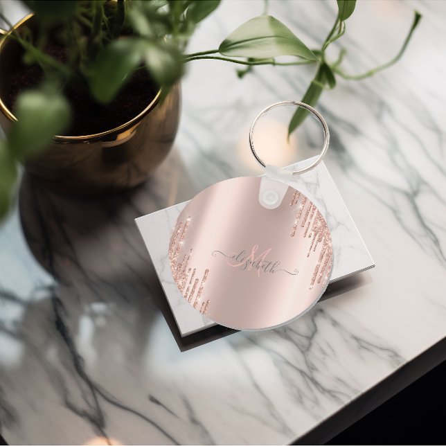 Modern Glitter Drips Rose Gold Monogram   Key Ring (Creator Uploaded)