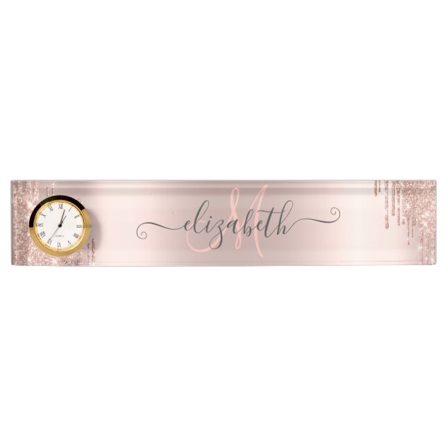 Modern Glitter Drips Rose Gold Monogram  Nameplate (Front)