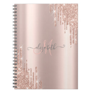 Modern Glitter Drips Rose Gold Monogram Notebook