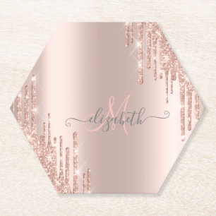 Modern Glitter Drips Rose Gold Monogram  Paper Coaster