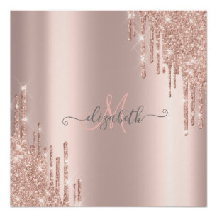 Modern Glitter Drips Rose Gold Monogram Poster