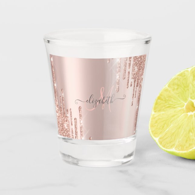 Modern Glitter Drips Rose Gold Monogram   Shot Glass (Front)