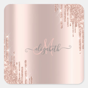 Modern Glitter Drips Rose Gold Monogram   Square Sticker