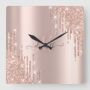 Modern Glitter Drips Rose Gold Monogram   Square Wall Clock