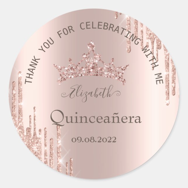 Modern Glitter Drips Rose Gold Quinceañera Classic Round Sticker (Front)