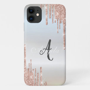 Modern Glitter Drips Rose Gold,Silver Monogram  iPhone 11 Case