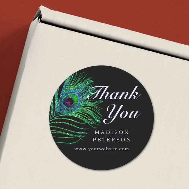 Modern Glitter Feather Boho Chic Thank You Classic Round Sticker (Creator Uploaded)