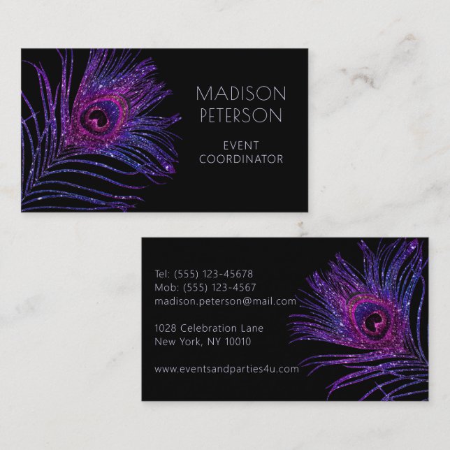 Modern Glitter Feather Event Coordinator Planner Business Card (Front/Back)