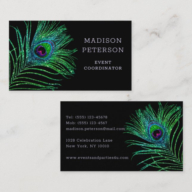 Modern Glitter Feather Event Coordinator Planner Business Card (Front/Back)