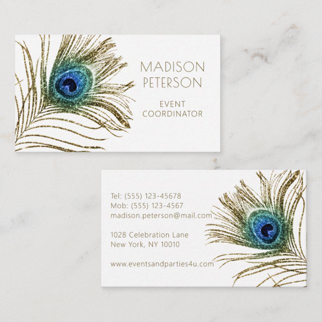 Modern Glitter Feather Event Coordinator Planner Business Card (Front/Back)
