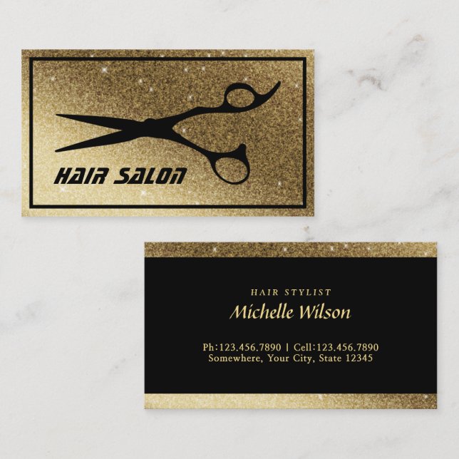 Modern Glitter Gold Background Hair Beauty Salon Business Card (Front/Back)