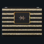 Modern glitter gold black stripes monogram name iPad pro cover<br><div class="desc">Personal modern glitter Ipad pro case. Black stripes on golden background and monogram and name.</div>