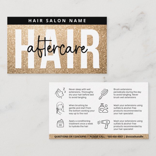 Modern Glitter Gold Hair Extensions After Care Business Card (Front/Back)