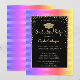 Modern Glitter Graduation Cap,Ombre Stripes Invitation