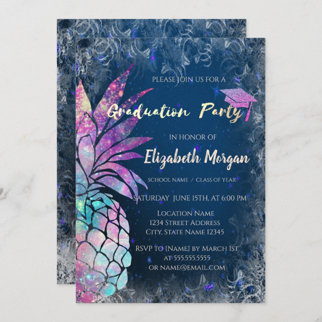 Modern Glitter Graduation Cap, Pineapple Invitation (Front/Back)